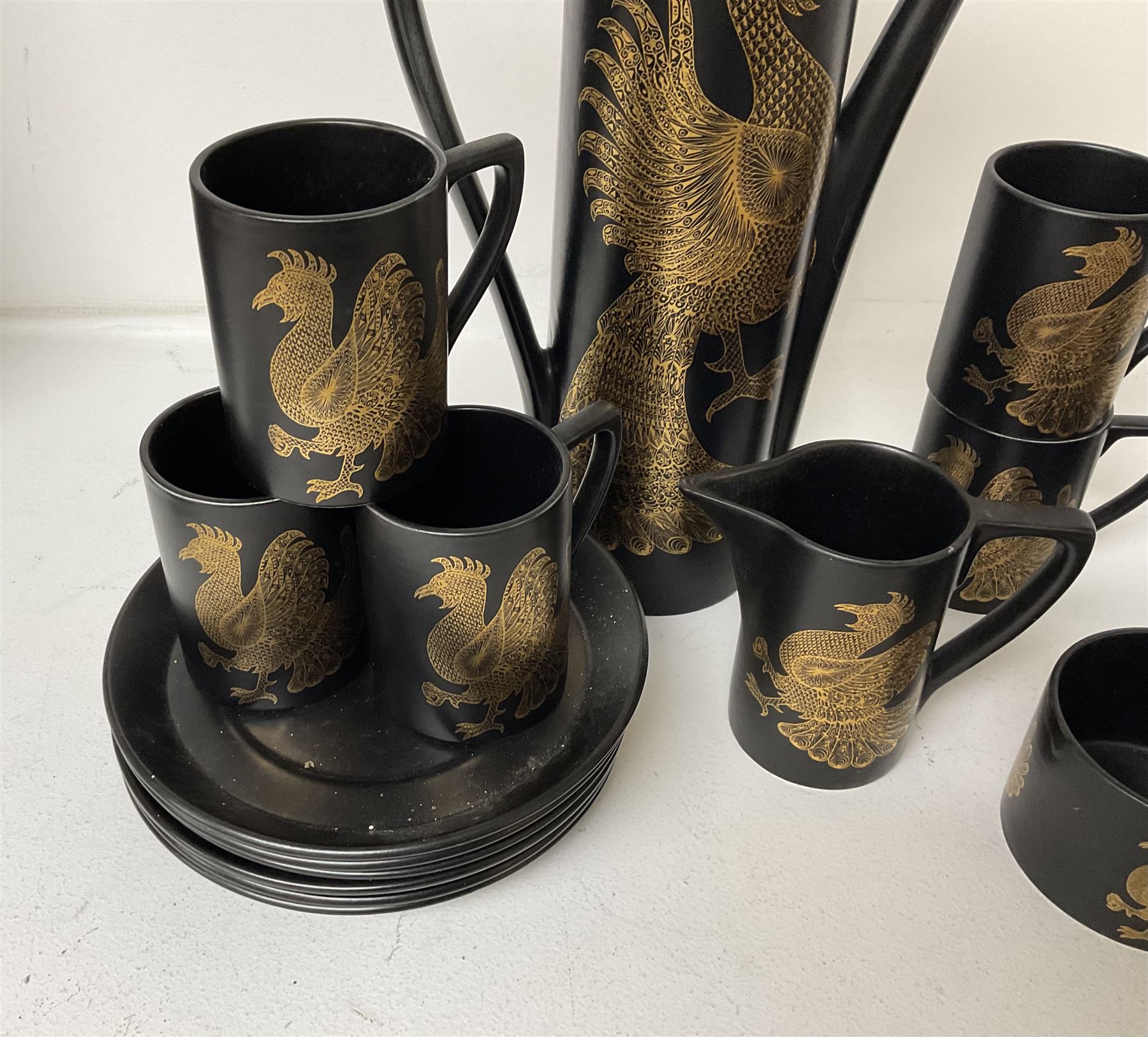 Portmeirion Phoenix pattern coffee set for six by John Cuffley, comprising coffee pot, milk jug, open sucrier, coffee cans and saucers and dessert plates 
