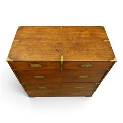 19th century brass bound mahogany campaign chest, with brass bound corners and edges, recessed brass handles, the upper section with two short over one long drawer, the lower section with two long drawers