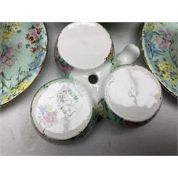 Shelley Melody pattern tea service for six, to include teapot, teapot stand, hot water jug, milk jug, covered sucrier, teacups and saucers, cake plates etc (31)