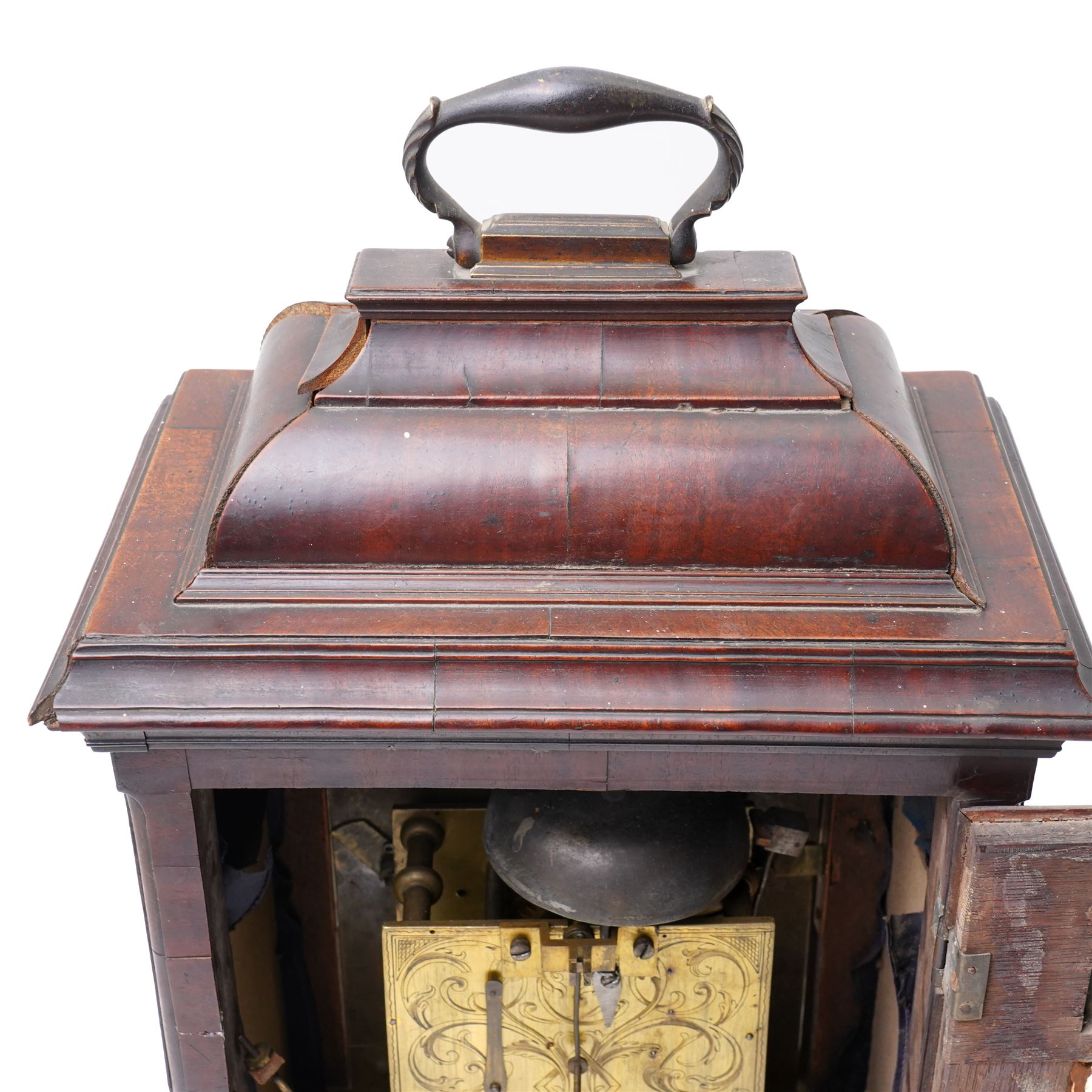 18th century twin fusee bracket clock with recoil anchor escapement the steel and brass dial inscribed Joseph Lake, London with strike silent ring and ormolu spandrels, engraved back plate in caddy top walnut case H47cm