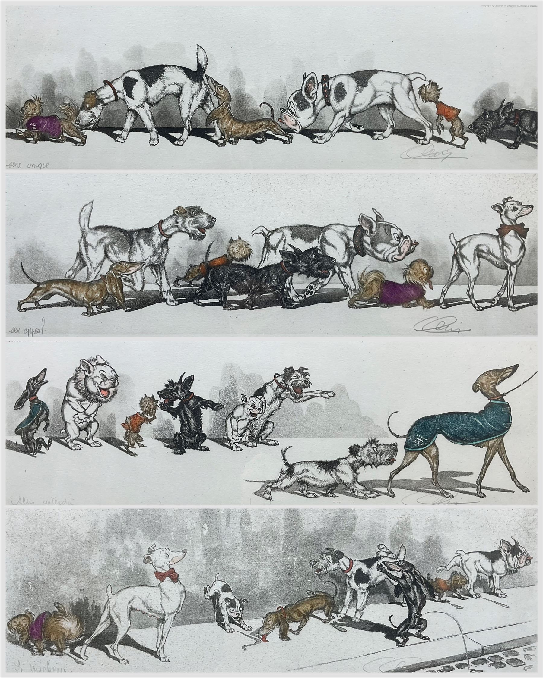 Arthur 'Boris' Klein (French 1893-1985): The Dirty Dogs of Paris, set of four etchings with hand colouring, titled respectively and signed in pencil 16cm x 45cm (4)