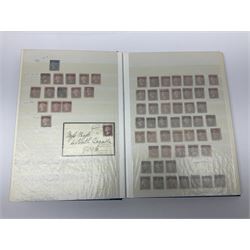 Mostly Great British Queen Victoria stamps, including penny black with black MX cancel, 1840 two pence blue with black cancel, imperf penny reds singles and pairs, perf penny reds stars and plates, various postmarks or cancels, penny reds on pieces or covers, halfpenny 'bantams', other QV issues with some higher values etc, housed in a blue stockbook