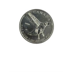 Ten Queen Elizabeth II Canada one ounce fine silver five dollar coins, including 2013 'Antelope', 2013 'Wood Bison', 2020 'Maple Leaf' etc