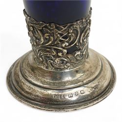 Late Victorian blue glass trumpet shape vase in pierced silver frame H20cm Birmingham 1899, modern blue glass globe scent flask with silver cover, two cranberry glass beakers in silver frames, cranberry sugar bowl in silver frame and blue glass sugar bowl with silver collar 