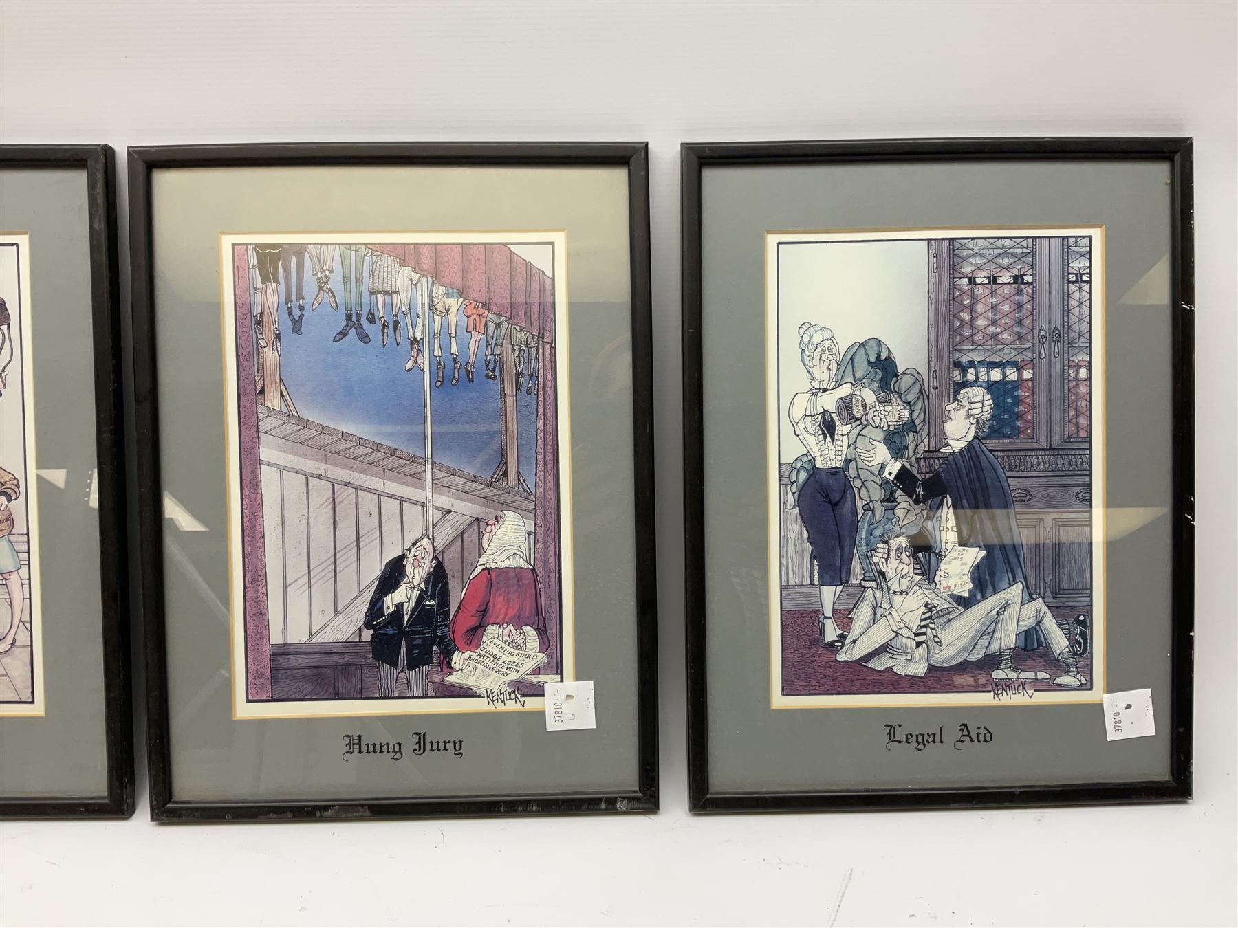 After Tony Kentuck set four courtroom cartoon prints, together with vintage reproduction of 19th Century advert, and further cartoons and prints (15)