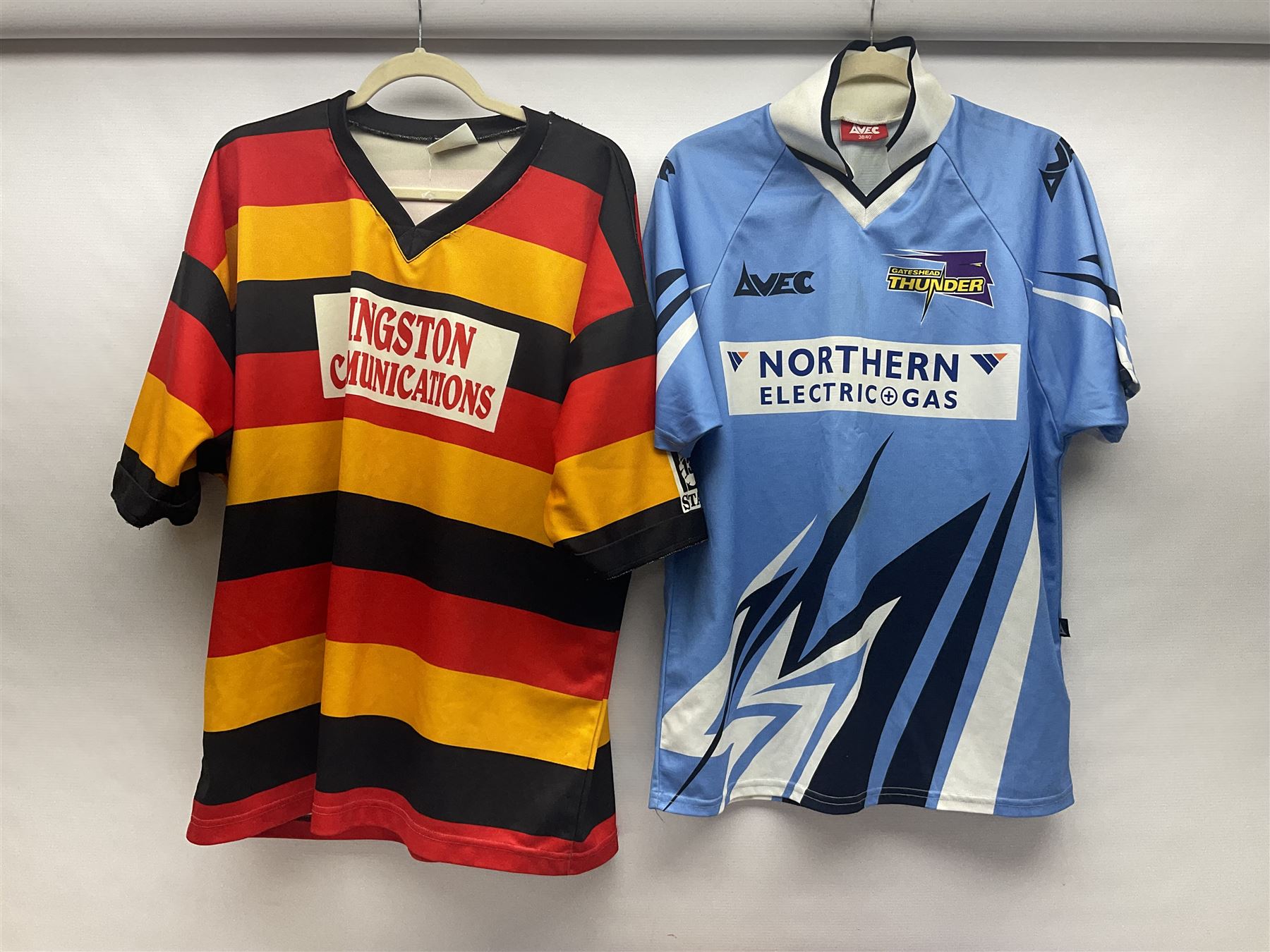 Eighteen Rugby League shirts, including Wigan, Leeds, Warrington and Huddersfield, etc and a Scotland international shirt