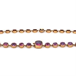 19th century gold garnet rivière necklace, set with forty-four graduating cushion cut rhodolite garnets (possibly doublets), in a velvet and silk lined case by Ollivant & Botsford, Manchester