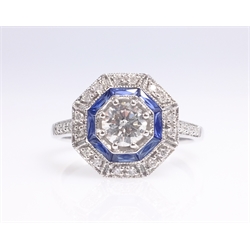  Art Deco style diamond and sapphire white gold ring, stamped 18k  