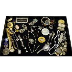 Collection of Victorian and later jewellery including gold clear paste stone necklace, stamped 9ct, Victorian style silver locket pendant necklace, silver stone set brooches, watch and medallions, all hallmarked or tested and other costume jewellery