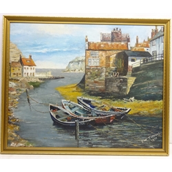  'The Cobbles', Staithes, 20th century oil on board signed and dated 1977 by L W Thomas, titled verso 59.5cm x 74cm  
