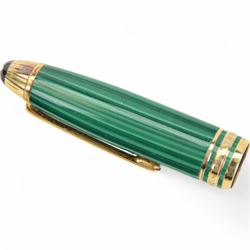Montblanc Meisterstuck Czar Nikolai I Malachite rollerball pen, with malachite lid and solid silver, stamped 925, gold plated body, together with original signed certificate and polythene cloth, in original box with a Montblanc leather case