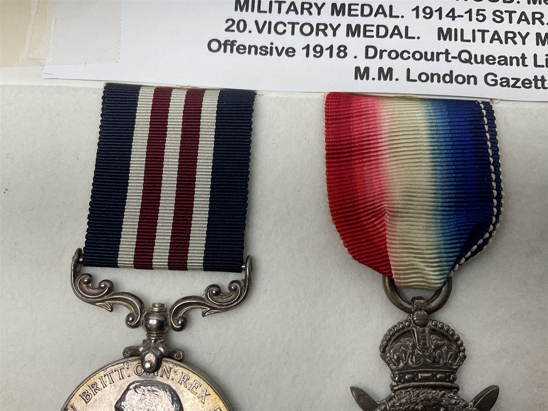 WWI Military Medal awarded to S-3957 Pte. W. Wood Med. Unit R.M. as reported in the London Gazette 14th May 1919 for services at 'the British Offensive 1918 Drocort-Queant Line and subsequent Operations' with archive of research information and original bill of purchase from Spink & Son dated 5/9/1957; together with a WWI group of three medals comprising British War Medal, Victory Medal and 1914-15 Star awarded to 1732 Pte. D. Newton R.A.M.C.