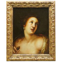 Follower of Gortzius Geldorp (Flemish 1553-1618): The Death of Lucretia, 18th century oil on canvas unsigned 48cm x 37cm
Notes: portrays the moment just before Lucretia's tragic suicide by dagger (note the hilt in her hand). The painting bears a remarkable similarity in composition to Geldop's Venus; additionally, the work also highlights the pearl earring of Lucretia, a signature inclusion of Gortzius to showcase wealth and symbolic elements. 