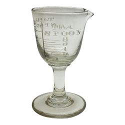 Five 19th century penny lick glasses, together with a pair of 19th century cut glass open salts with lemon squeezer bases, and a 19th century glass measure, largest example H12cm