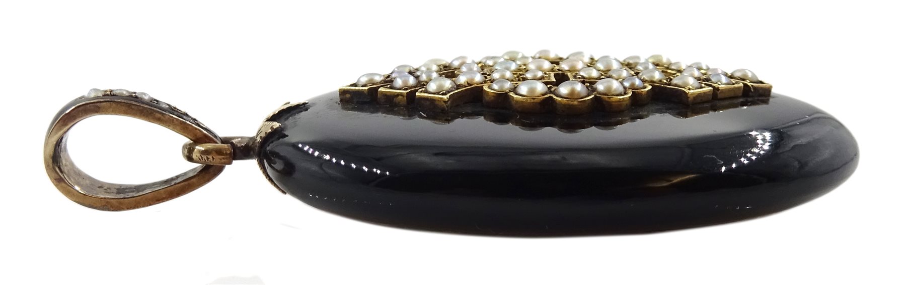 Victorian black enamel mourning pendant, with gold mounted seed pearl decoration, gold mourning ring, with plated hair shank and seed pearl mourning brooch