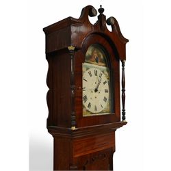 William Brooksbank of Bradford - late oak and mahogany 30-hour 19th century longcase clock c1860, with a swan necked pediment and turned wooden +finial, with a break arch hood door flanked by bobbin turned pilasters, trunk with canted corners and a short trunk door on a broad plinth with banding, painted dial with painted cottages to the spandrels and a depiction of a country girl to the arch, with broad Roman numerals, makers name and stamped brass hands, dial pinned to a chain driven countwheel movement striking the hours on a bell. With weight and pendulum.
William Brooksbank is recorded as working from Market Street, Bradford, 1837-71.