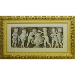  Classical Putti Drinking from Urn, 20th century print in ornate girt frame overall 120cm x 69cm   