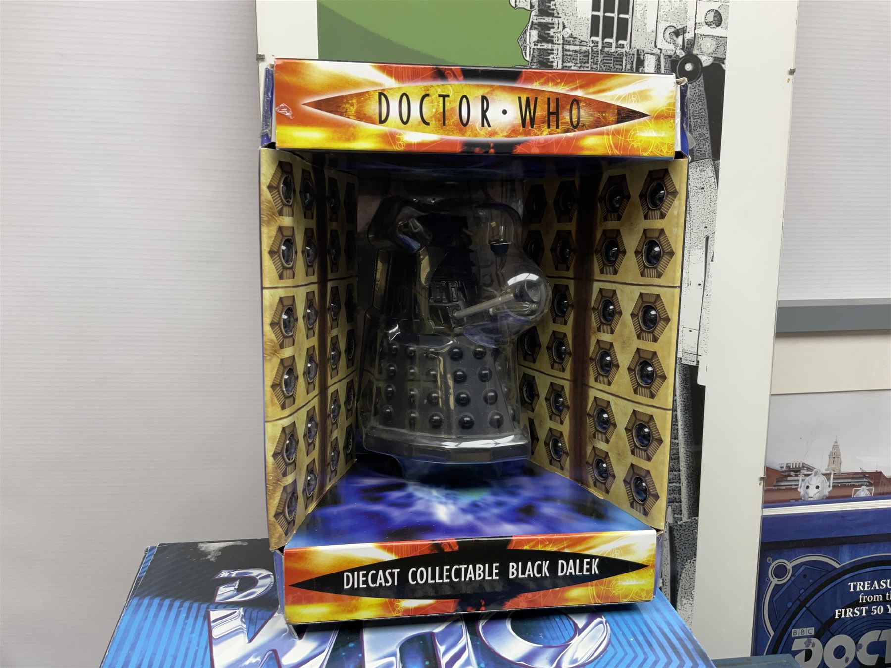 Doctor Who collectables to include ‘British Icon Dalek’ limited 50th anniversary edition in original box, collectors cookie jar, Dalek and Tardis related figures, sonic screwdrivers, small quantity of stamps, framed prints, books etc 