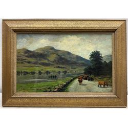 J Gibb (19th century): Scottish Highland Cattle by the Lochside, oil on board signed, further view verso 23cm x 37cm
