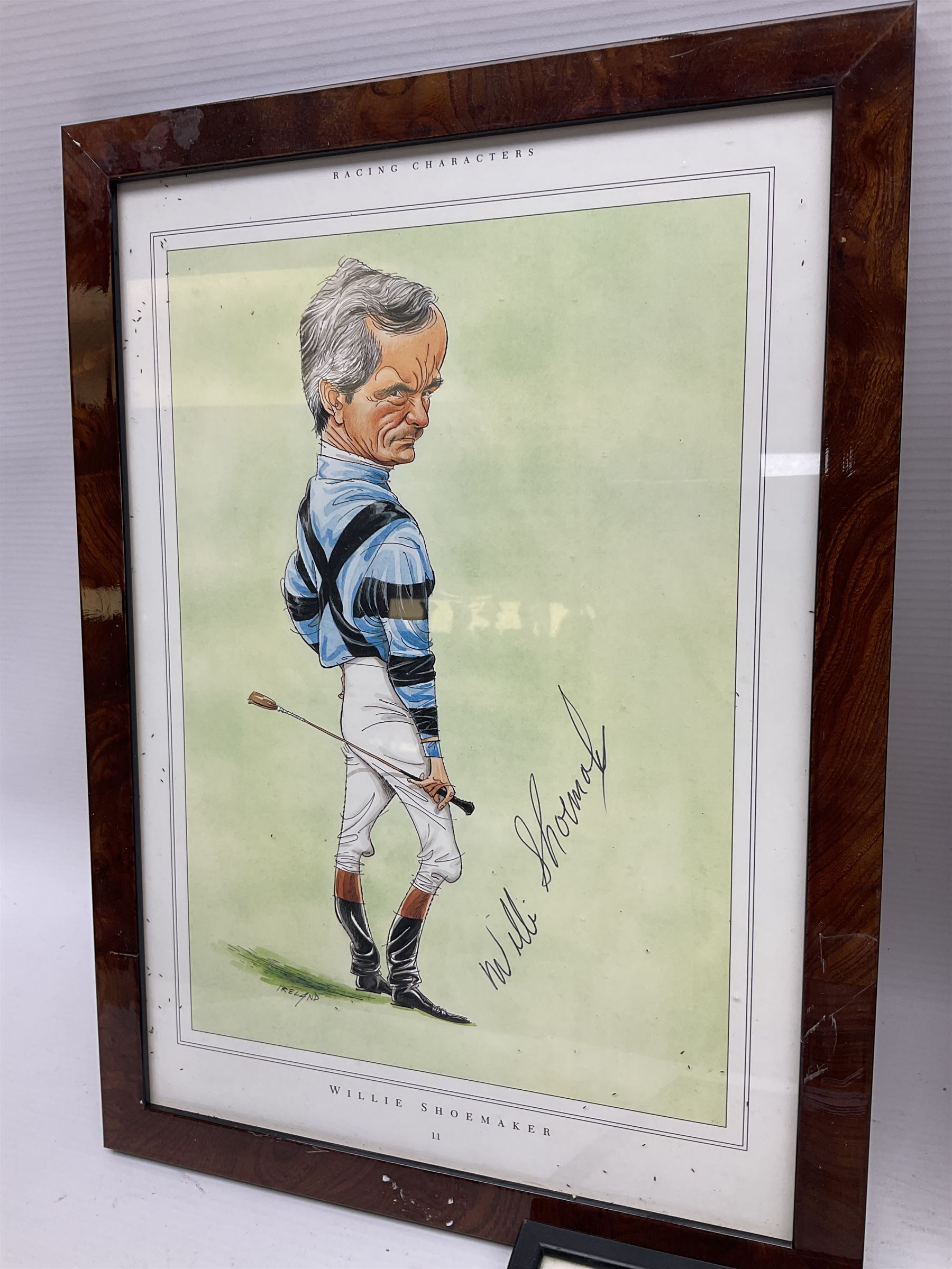 Enamel Horse racing members badges, together with three framed signed racing characters jockey prints, including Steve Smith Eccles, Willie Shoemaker and Greville Starkey, and one other print