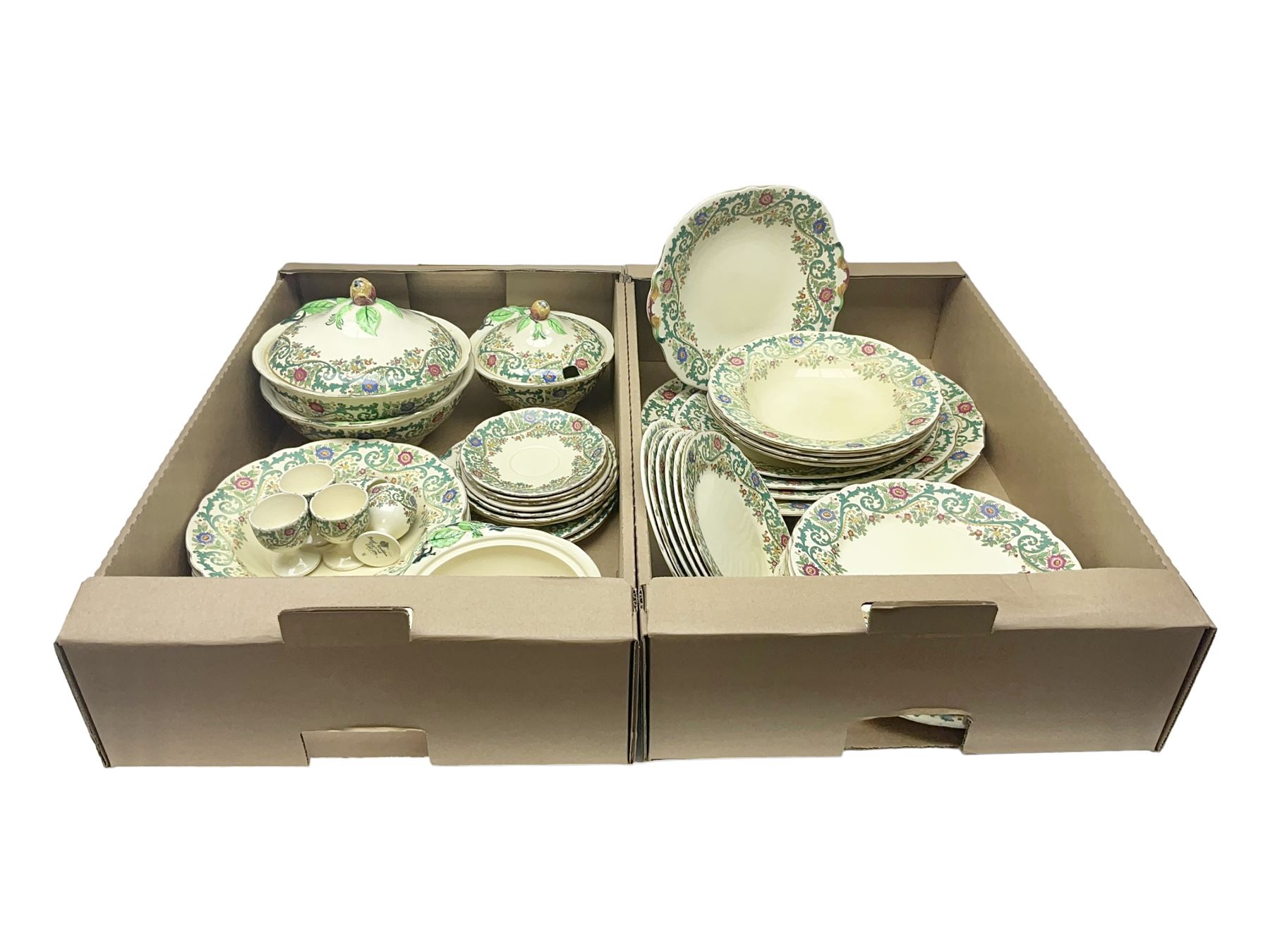 Royal Cauldon Evesham pattern dinner wares, including dinner plates, tureens, egg cups, bowls, sides plates and saucers