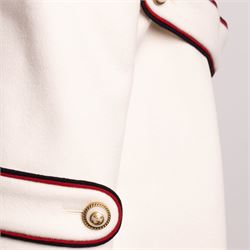 Gucci - bee embroidered wool single-breasted military coat, from the Autumn/Winter 2017 collection under Alessandro Michele, in ivory, with stand collar, red and navy trim, pearlescent and gold-tone button fastening and embroidered bee detailing to the collar, size 14, unused with original garment bag and tags