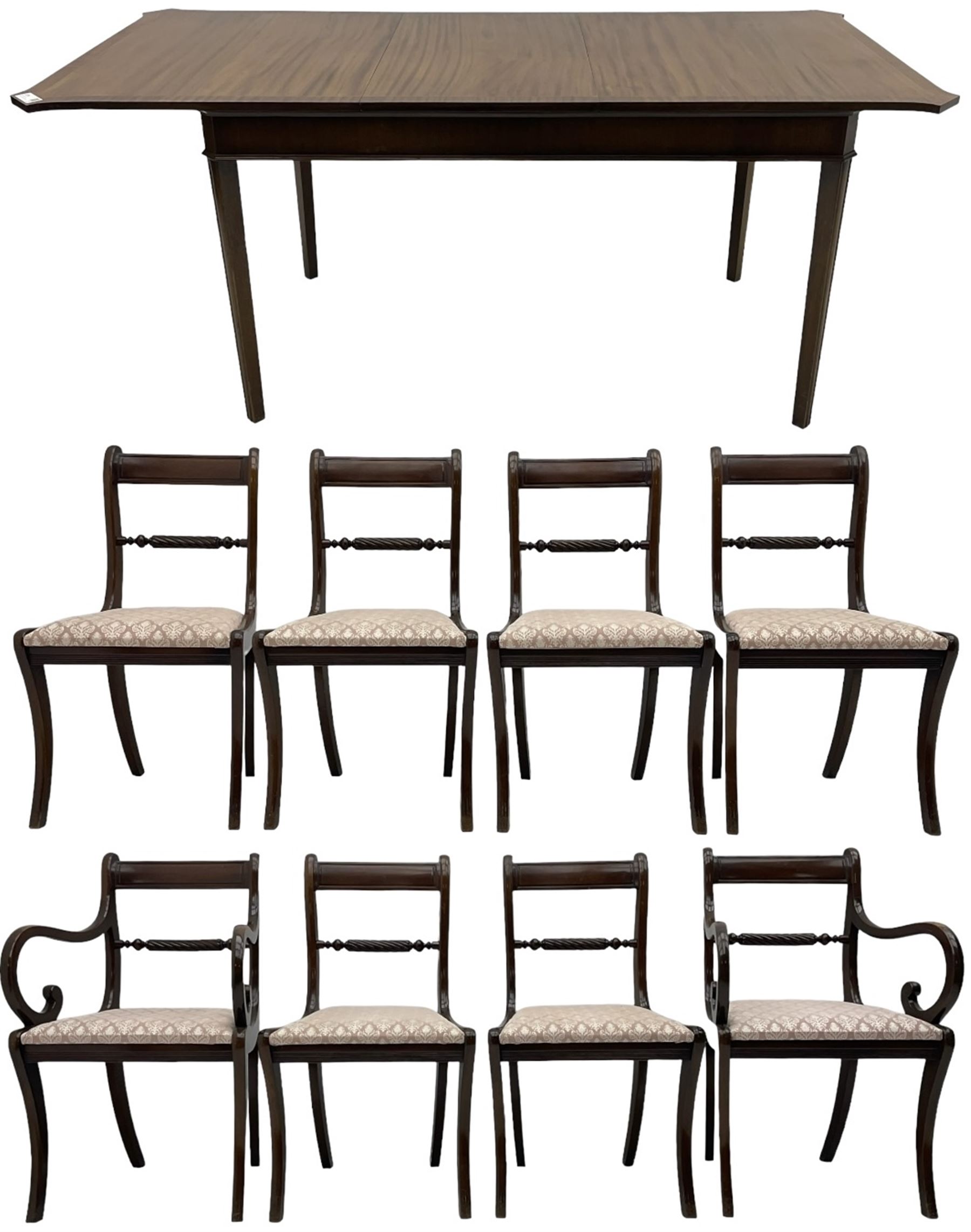 Regency design mahogany extending dining table, rectangular top with extending canted corners, pull-out action with additional leaf (84cm x 136cm - 182cm, H76cm); set of eight Regency design mahogany dining chairs with rope twist rails