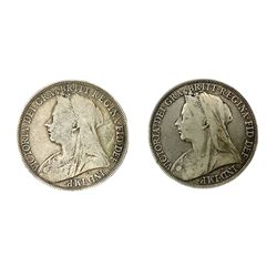 Two Victorian silver Crowns, 1896 and 1898, approximate weight 56 grams