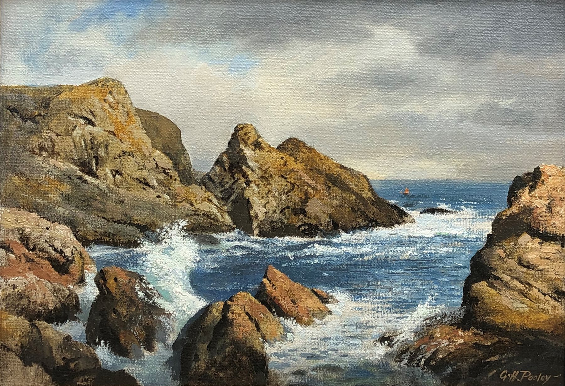 Geoffrey H Pooley (British 1908-2006): 'By the Sea St Abbs', oil on board signed, titled verso with artist's address label verso 34cm x 50cm