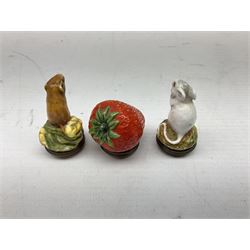 Two Halcyon Days enamel bonbonnieres modelled as mice, I am a magical mouse, and ''Consider the little mouse, how sagacious an animal it is...' Roman Playwright', together with three Halcyon Days enamel boxes, modelled as a bee upon a flower, a ladybird upon a leaf, and a strawberry, each in fitted box, (5)