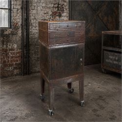 Luxor - industrial modular cabinet, three sections comprising single drawer, double drawer and single cupboard, raised on stand; and a tall industrial cabinet