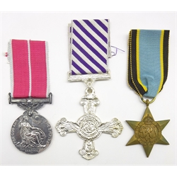  WW1 1915 bronze Lusitania propaganda medallion, unboxed, WW1 German Iron Cross 2nd Class, and three replica medals - WW2 Air Crew Europe Star, WW1 Distinguished Flying Cross and British Empire Medal Military Division (5)   