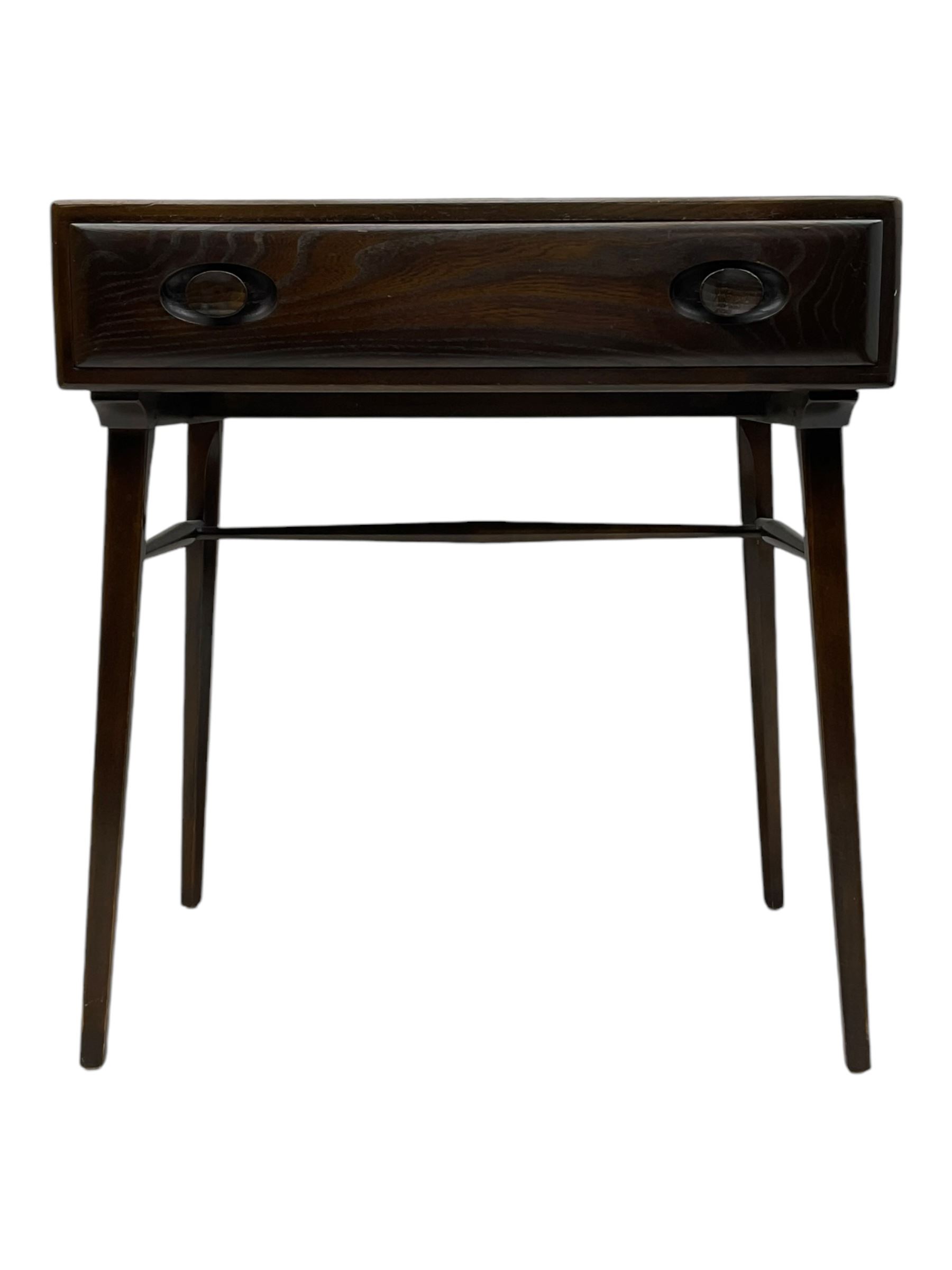 Ercol - dark elm console table, fitted with single drawer, on square tapering supports 