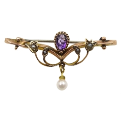 Edwardian gold amethyst, seed pearl and pearl brooch, stamped 9ct