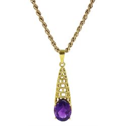 18ct gold oval amethyst pendant, stamped 750, on 9ct gold rope twist necklace hallmarked