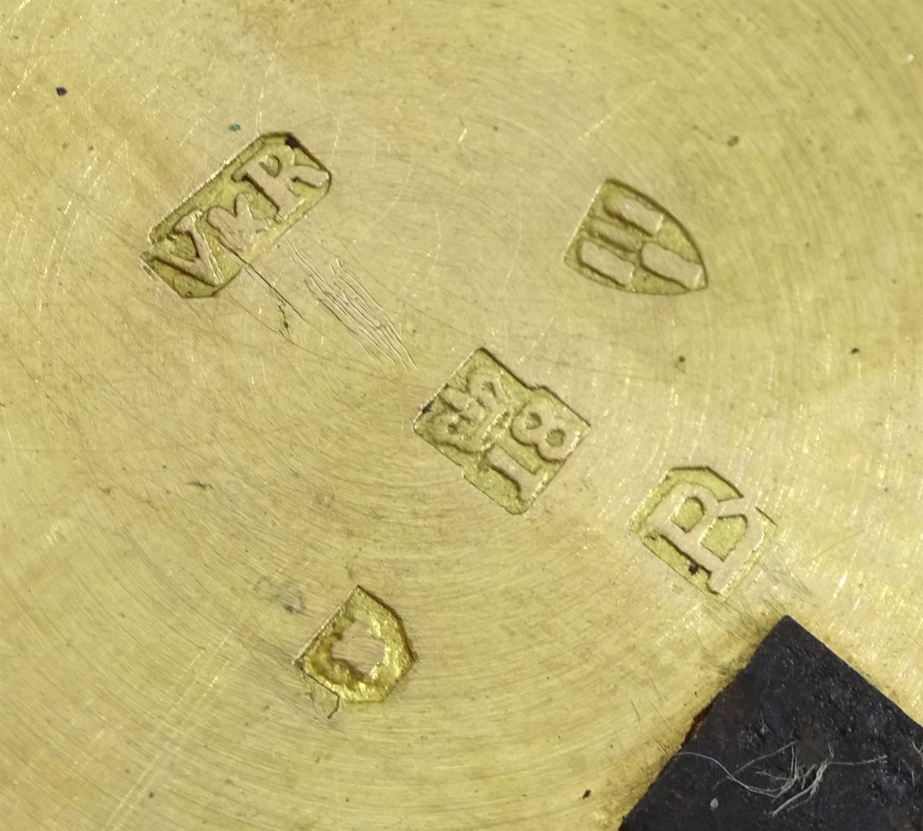 George III 18ct gold pair cased English lever fusee pocket watch by John Bolton, Durham, No. 844, round baluster pillars, engraved balance cock with flower decoration and diamond endstone, stop/work lever, cream enamel dial with Roman numerals and subsidiary seconds dial, case makers mark V&R, Chester 1819