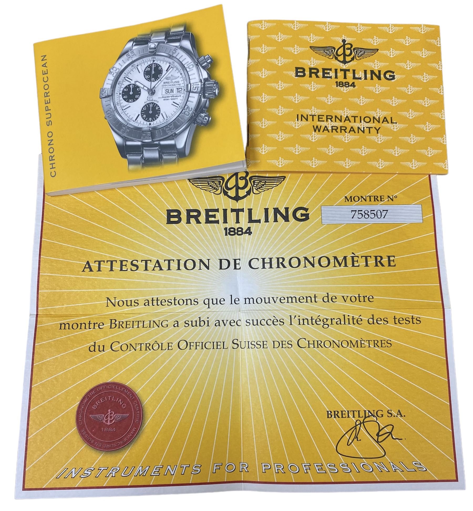 Breitling Superocean gentleman's stainless steel automatic chronograph wristwatch, Ref. A13340, blue dial with triple register recording hours, minutes and continuous seconds and date aperture, boxed with papers and additional links