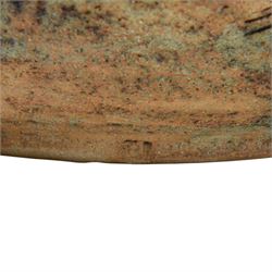Studio pottery bowl, textured bowl with fish to the rim, with indistinct potters mark to base, H14cm, 38cm