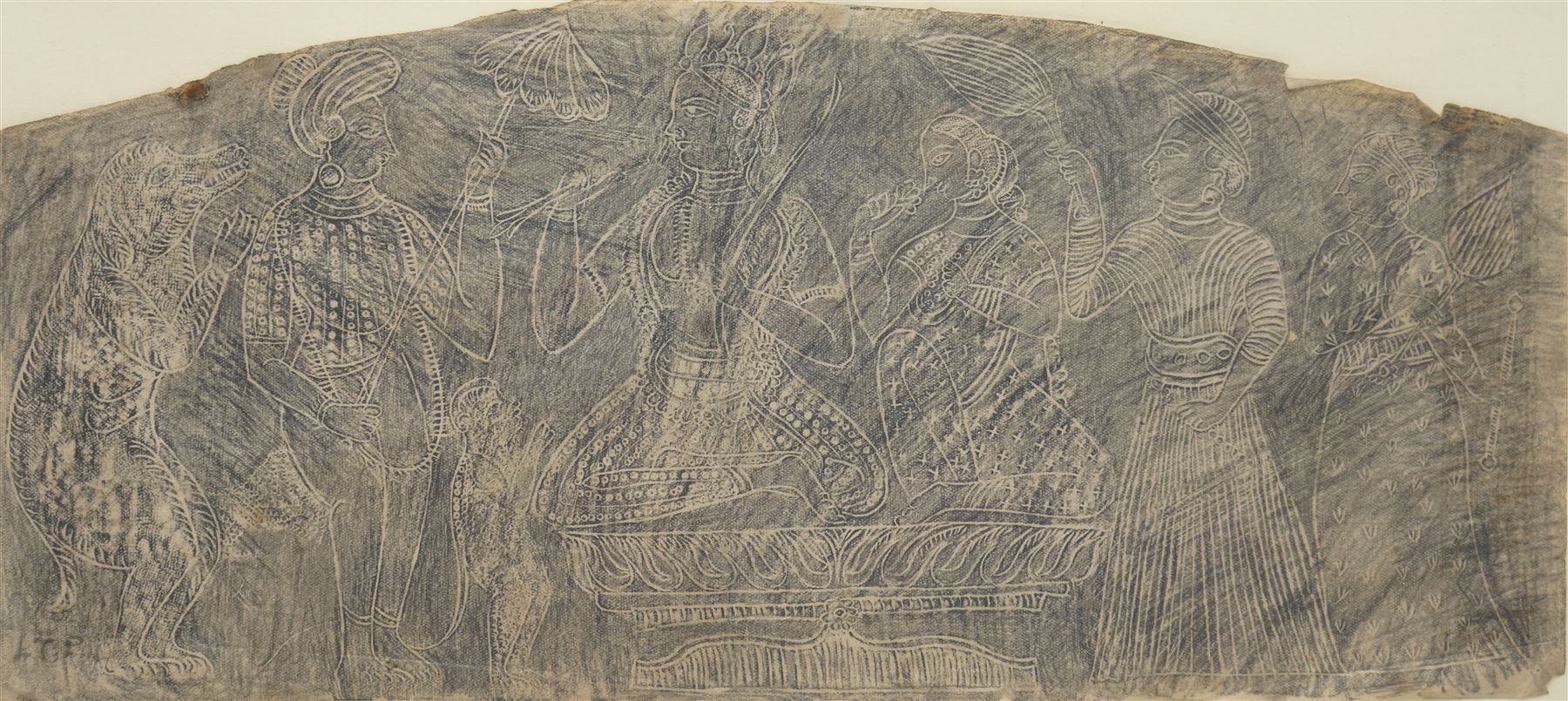 LTP Manjusri (Sri Lankan 1902-1982 - Columbo '43 Group): 'At The Palace' pencil rubbing etching signed with initials in pencil 20cm x 40cm
Notes: LTP Manjusri was a pioneering figure in modern Sri Lankan art, known for his unique blend of traditional Buddhist themes and contemporary techniques. Born in 1902, he initially trained as a scholar in Sinhala, Pali, and Buddhist philosophy before discovering his passion for painting in Shantiniketan, where he met Nandalal Bose. A founding member of the Colombo '43 Group, Manjusri’s work—spanning temple murals, original paintings, and etchings—reflects his deep cultural and religious roots. His contributions were internationally recognized, with exhibitions in London, Vienna, and New York, and works held in major collections including the New York Public Library and the Horniman Museum. In 1979, he was honored with the Ramon Magsaysay Award and an honorary doctorate from the University of Peradeniya.