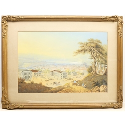 English Colonial School (19th century): Panoramic View of a Lakeside City, possibly North American, watercolour and gouache unsigned 47cm x 70cm