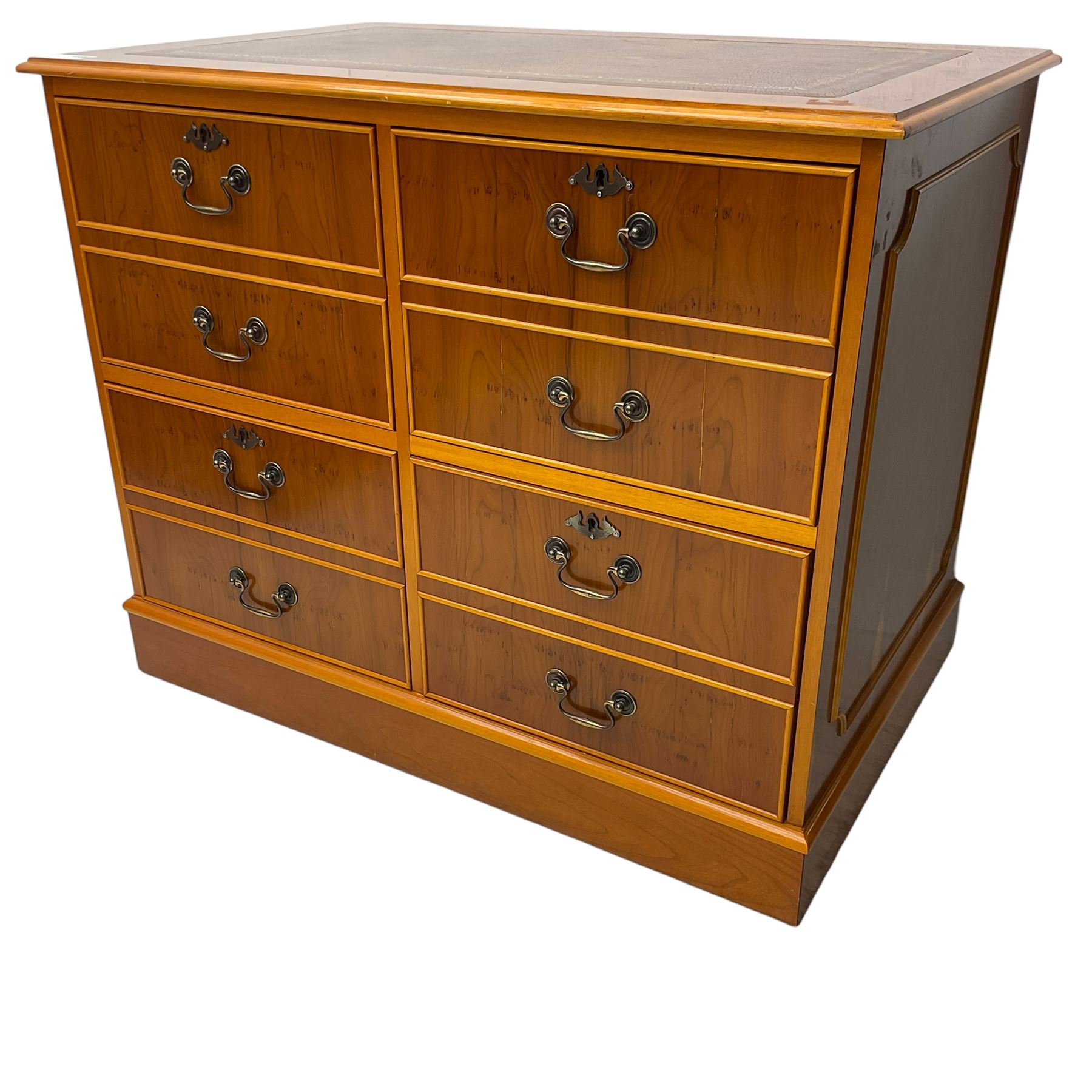 Georgian design yew wood filing cabinet, moulded rectangular top with inset leather, fitted with four cock-beaded filing drawers, on skirted base