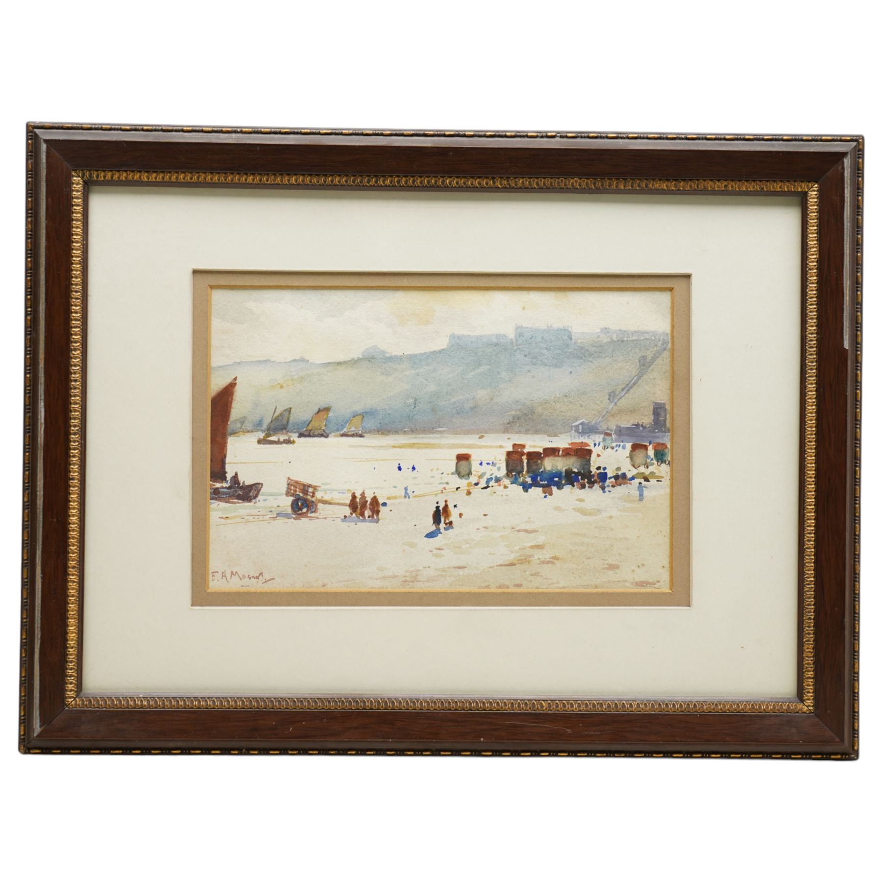 Frank Henry Mason (Staithes Group 1875-1965): Bringing in the Day's Catch - Scarborough South Bay, watercolour signed 15cm x 23cm 