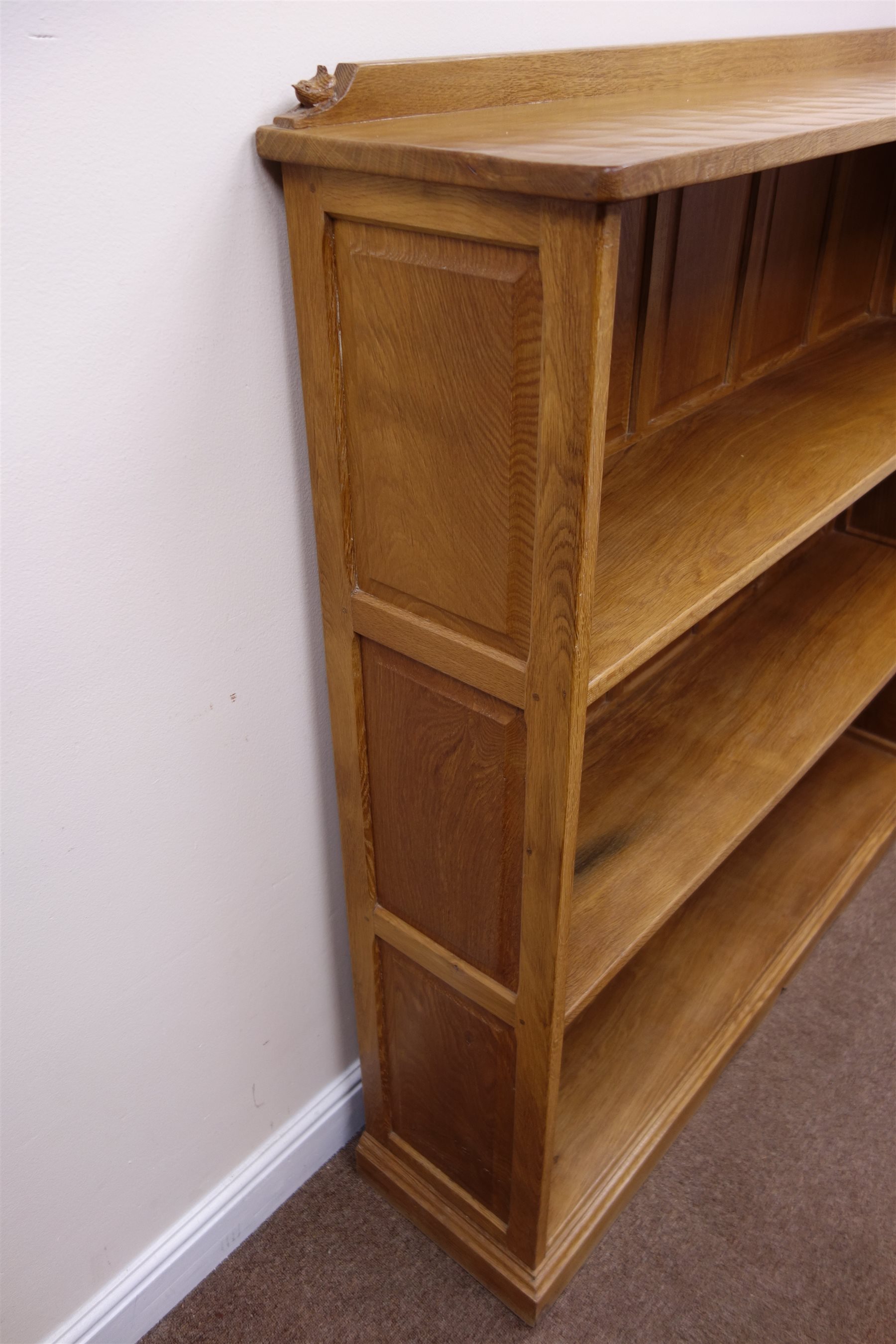 Bob 'Wrenman' Hunter oak bookcase, adzed top with raised back carved
