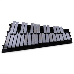 Viscount Percussion A-440 concert glockenspiel, made in England, with graduated metal bars on black wooden frame, contained within hard carry case