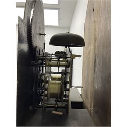 W Sargent of Boston (Lincs) - late 18th century oak cased 8-day longcase clock, with a deep swans necked pediment and brass paterie, break arch hood door with a dog tooth moulding above and detached reeded pilasters with brass capitals, trunk with canted corners and recessed pilasters, long trunk door with a pointed top and central lock escutcheon, on a shortened plinth with applied skirting, painted dial with a moon disc to the arch and spandrels with depictions of fruit within gesso borders, Roman numerals with Arabic five minutes and matching steel hands, date aperture and seconds dial, dial pinned via a false plate to a rack striking movement, striking the hours on a cast bell. With pendulum and weights.