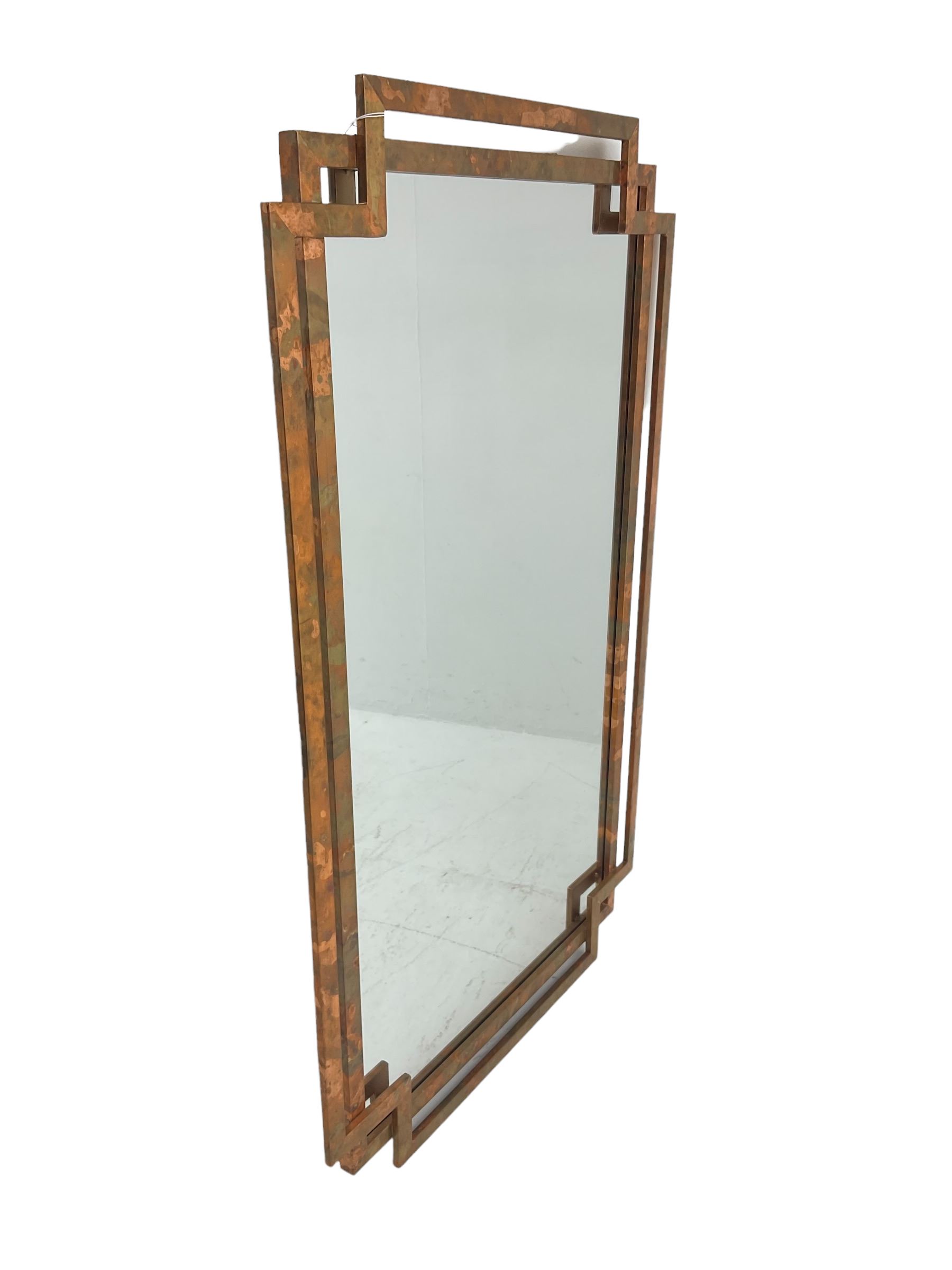 Contemporary copper framed rectangular wall mirror, mounted by outer canted frame 