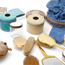 *Collection of dressing table jars, powder bowls and brushes, together with a collection of sewing cushions and an over-knee sewing bag
From the Kirkham Hall Attic & Cellar Collection, sold without reserve