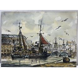 Jack Rigg (British 1927-2023): Whitby Fishing Boat by Lighthouse and a Ship Moored in Whitby Harbour, pair watercolours signed, dated verso 25cm x 34cm (2)