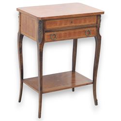 20th century French kingswood inlaid worktable, hinged top with divided compartment, above...