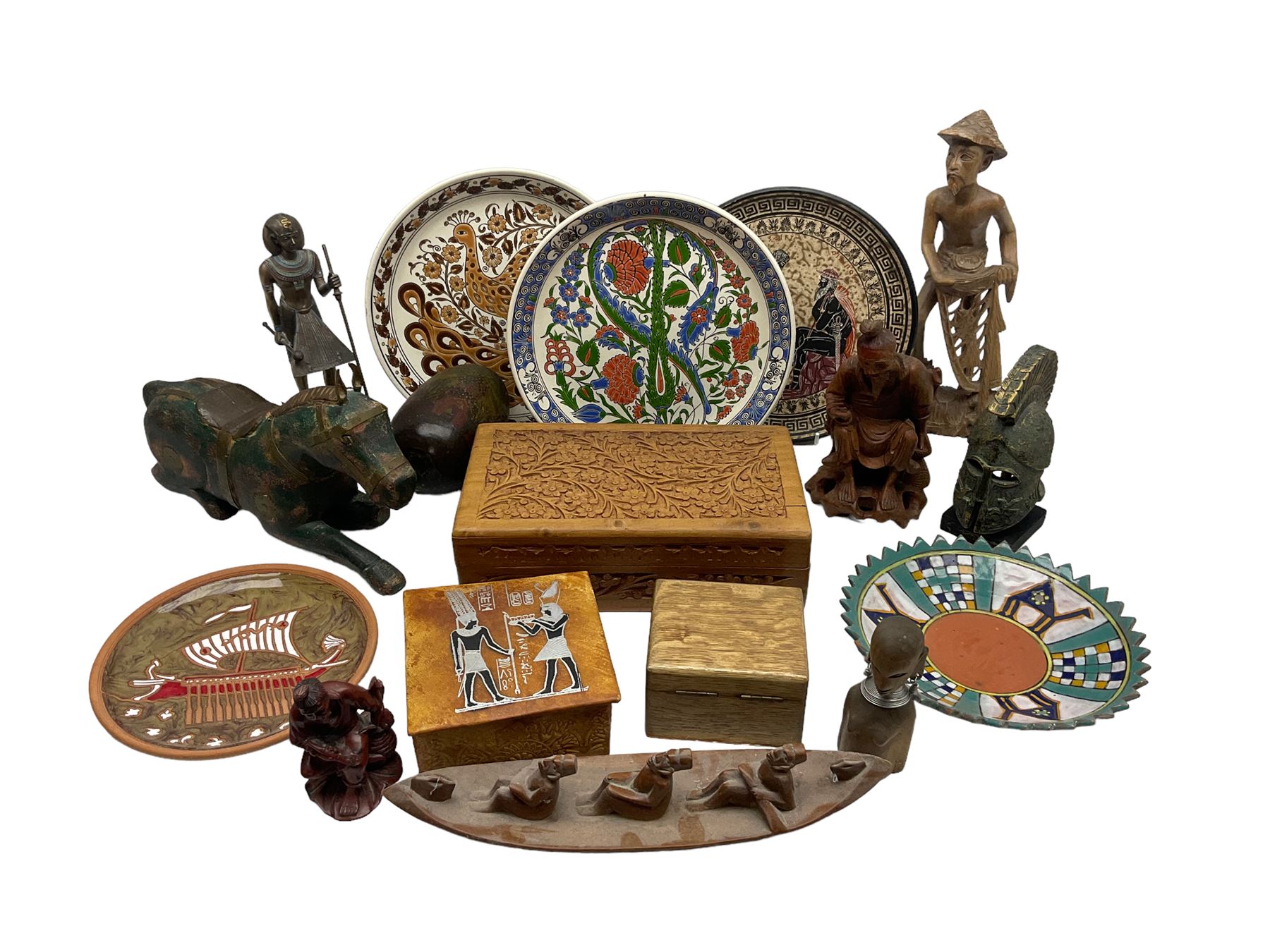 Two Greek Kerameikos plates together with a Kepamik plate and other Grecian style ceramics, carved African figures and treen, boxes etc 